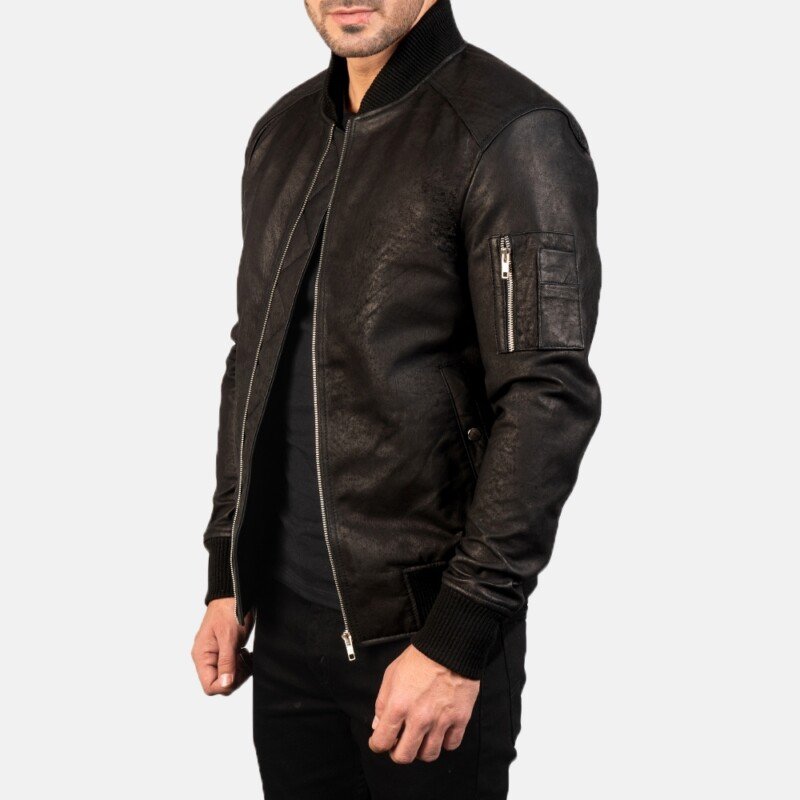 Bomia Ma-1 Distressed Black Leather Bomber Jacket | Core Outfits