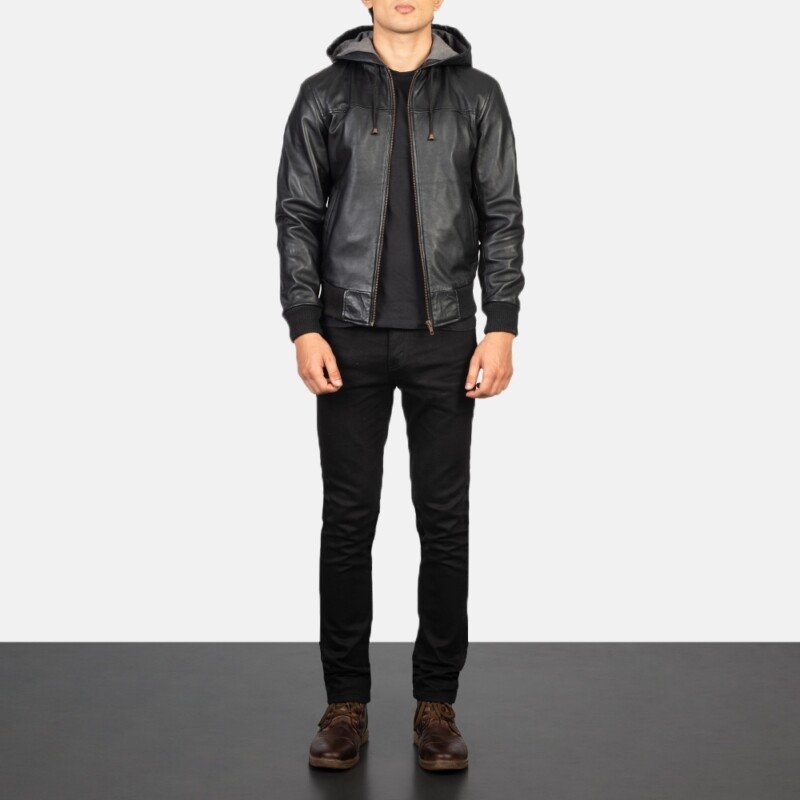 Nintenzo Black Hooded Leather Bomber Jacket | Core Outfits