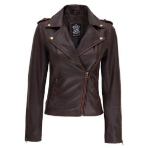 Women Asymmetrical Motorcycle Rub Off Dark Brown Leather Jacket
