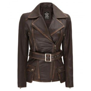 Womens Brown Asymmetrical Distressed Long Leather Jacket