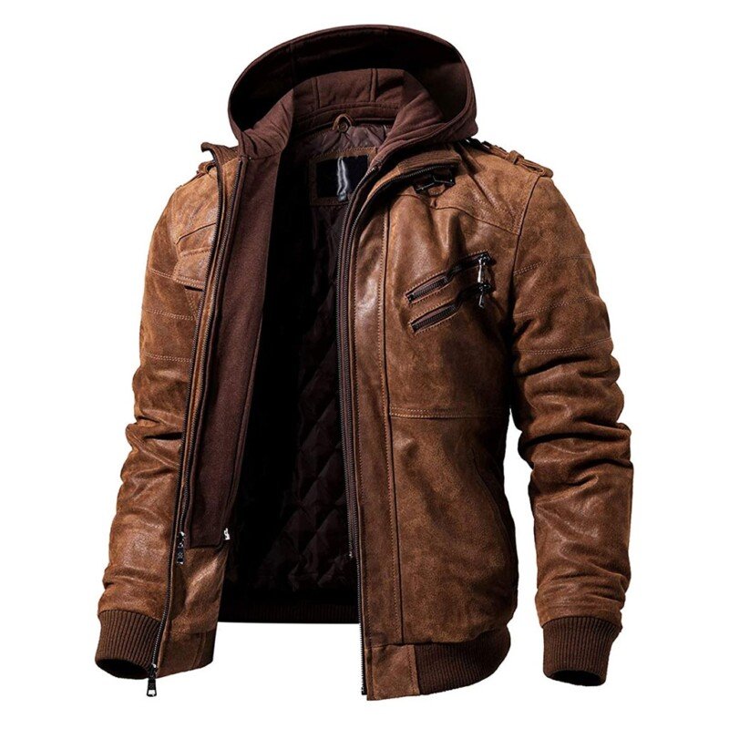 Flavor Men Brown Leather Motorcycle Jacket with Removable Hood