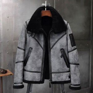 Grey Black Shearling Fur B3 Bomber Genuine Leather Jacket