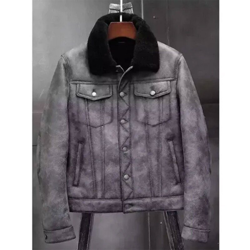 Grey Black Shearling Fur Genuine Leather Trucker Jacket