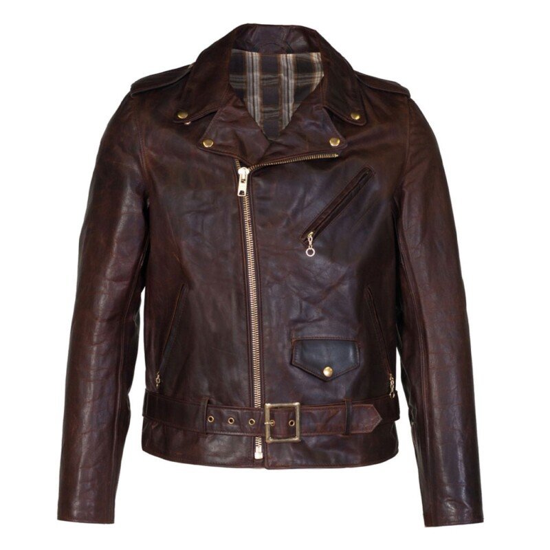 Hand Oiled Lightweight Naked Perfecto Motorcycle Jacket with Plaid Cotton Lining - Brown
