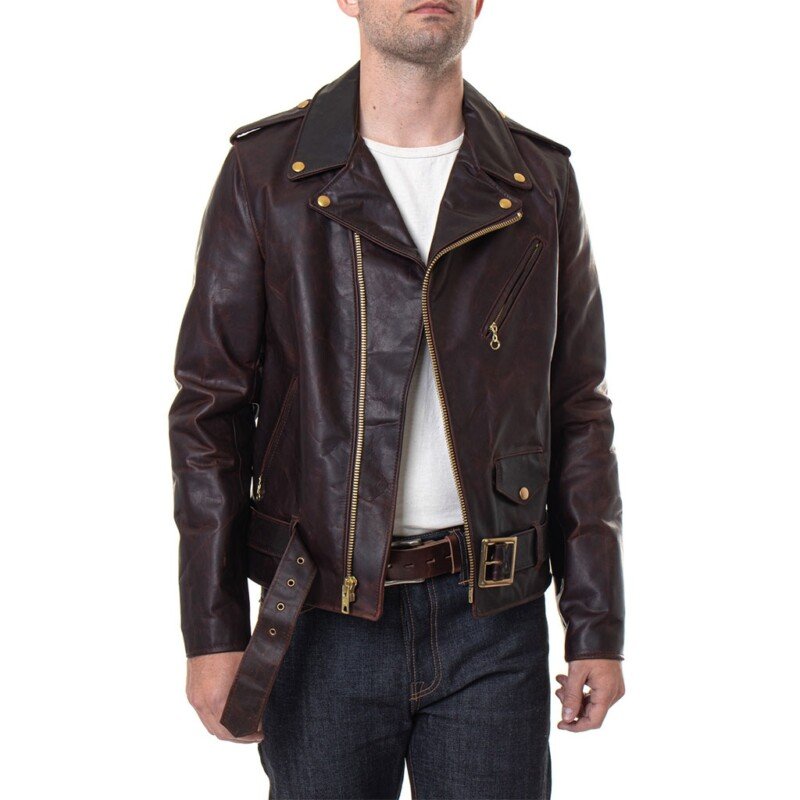 Hand Oiled Lightweight Naked Perfecto Motorcycle Jacket with Plaid Cotton Lining - Brown