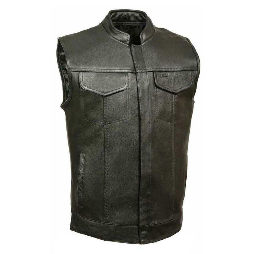 Leather King Men’s Open Neck Vest With Hidden Snaps, Black