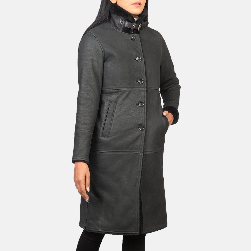 Alina Shearling Black Leather Coat