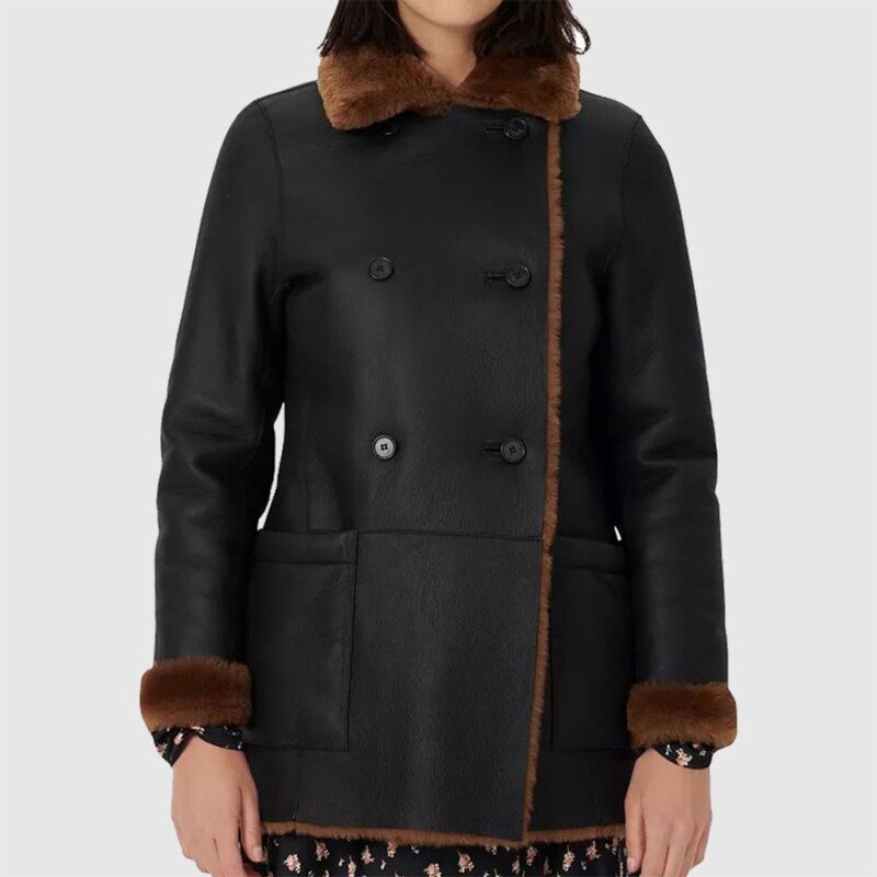 Womens Black Double Breasted Shearling Leather Coat