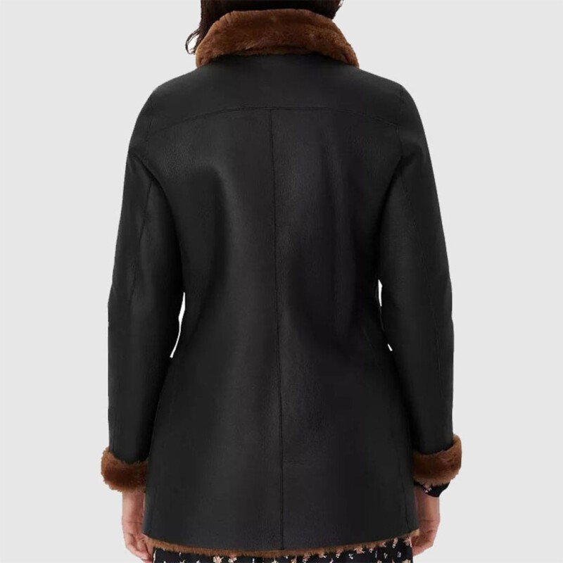 Womens Black Double Breasted Shearling Leather Coat