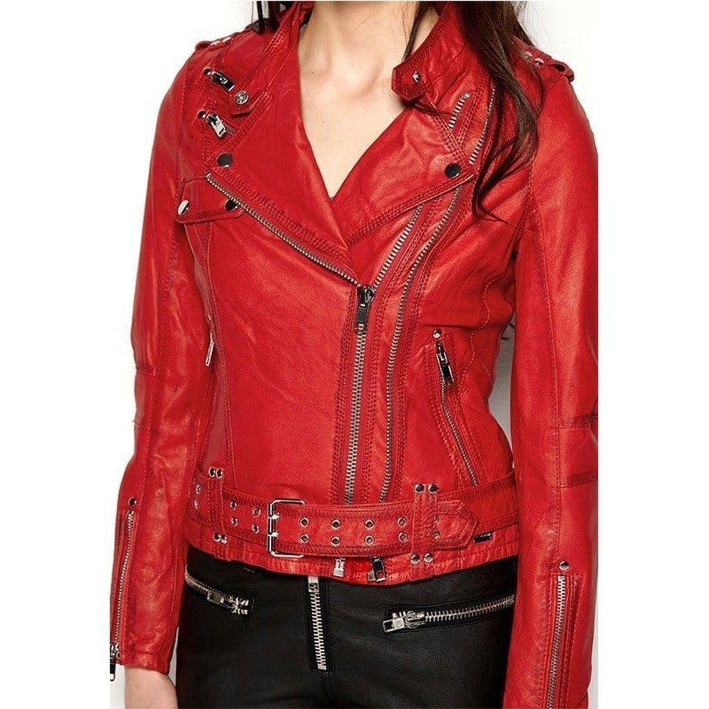 Womens Cafe Racer Leather Motorcycle Jacket Red