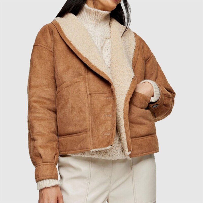 "Womens Omega Brown Faux Shearling Leather Jacket "
