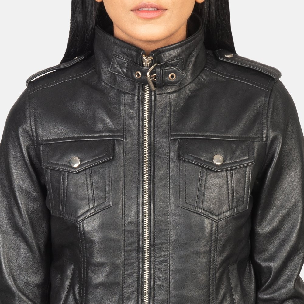 Roslyn Black Hooded Leather Bomber Jacket