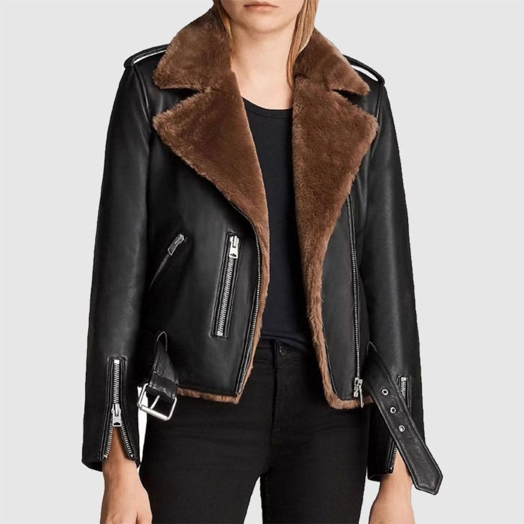 Womens Slim Fit Vegan Shearling Fur Biker Leather Jacket