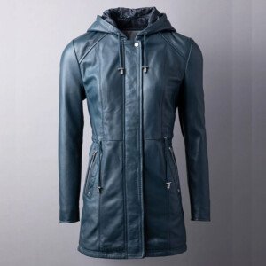 Ambleside Hooded Leather Coat in Navy