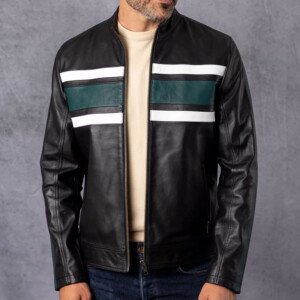 Bowscale Contrast Stripe Leather Jacket in Black